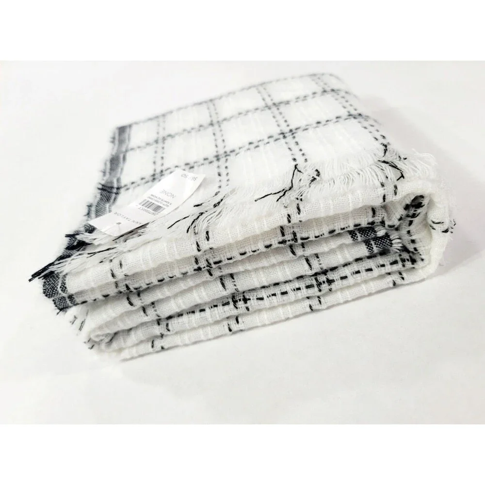 Ann Taylor Fringed Blanket Scarf White Black Plaid Gold Accents 80x27 NWT $70